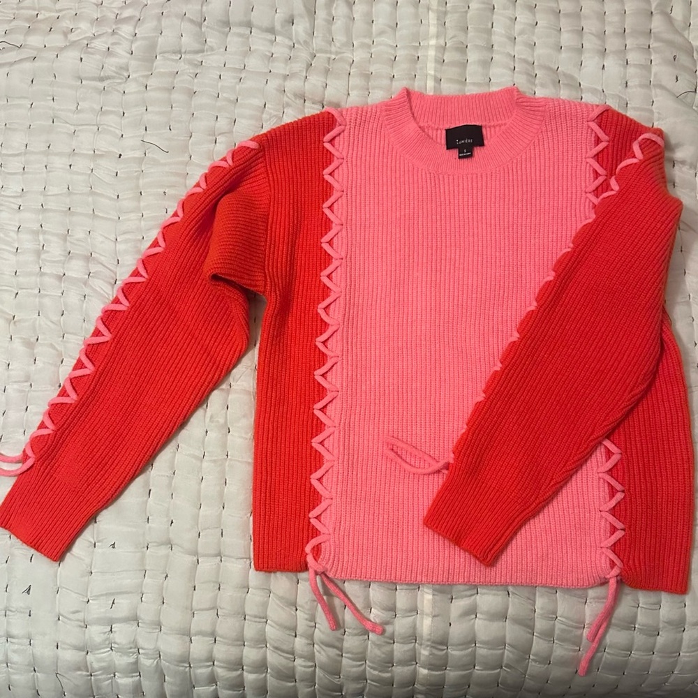 Lumiere Colorblock Pink and Red Lace-Up Crewneck Sweater